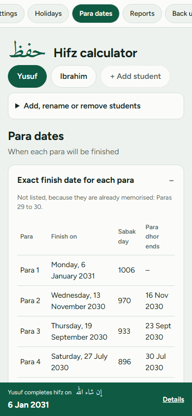 A table of finish dates for each para, with the sabak day and when para dhor ends.